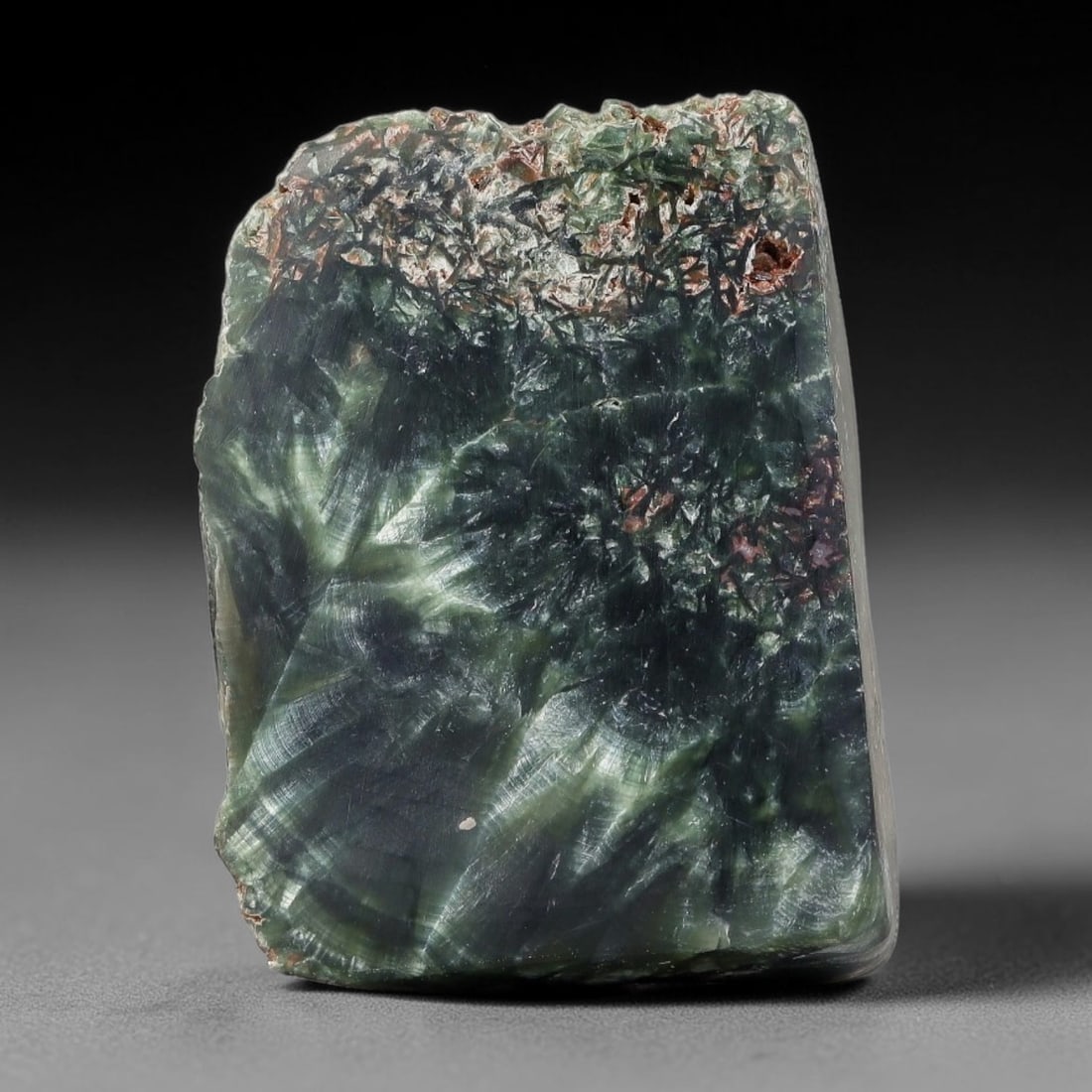 100ct Natural Siberian Seraphinite Polished Rough Slab, 60AR: This polished mineral slab is natural seraphinite originating from Siberian deposits, displaying characteristic radiating crystalline fibrous formations with layered deep forest and silvery green band