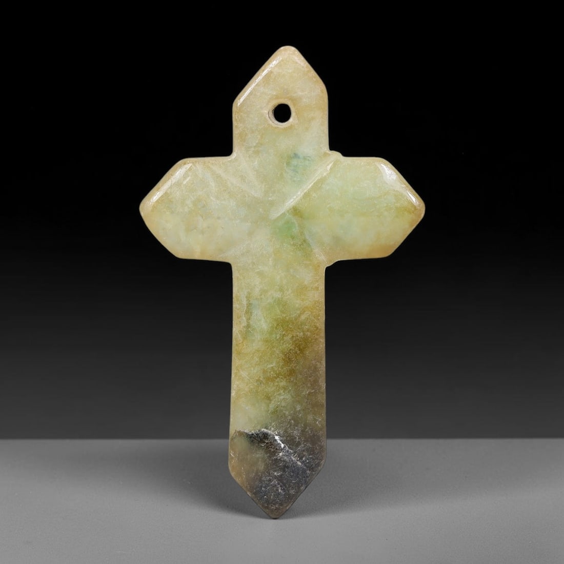 Natural Burmese Type A Jadeite Jade Christian Cross Pendant, 14BT: Hand crafted untreated Burmese Type A jadeite jade cross pendant measuring 49x30 mm, shaped into a classic Christian cross silhouette with tapered pointed terminals. The stone features a smooth polish