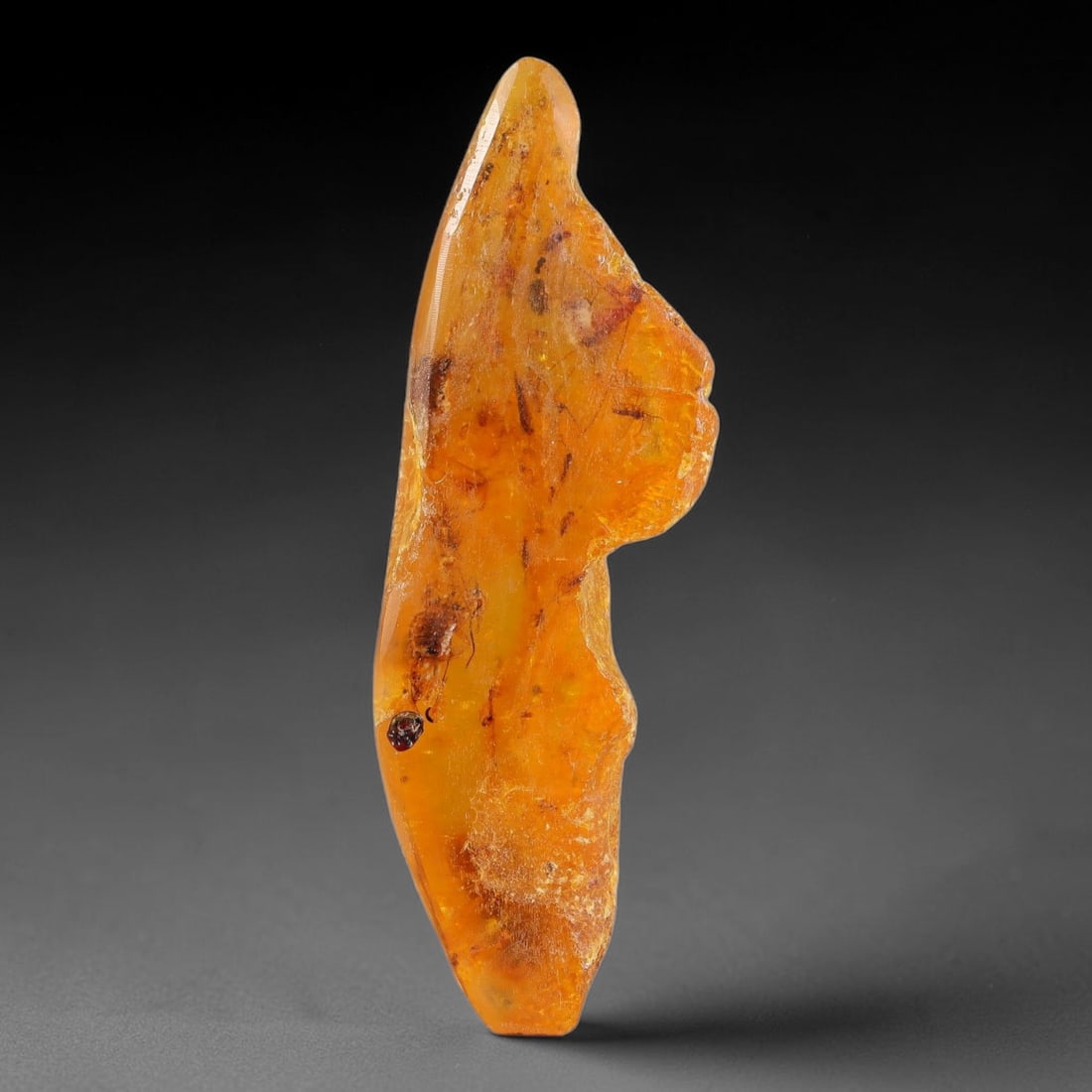 24.24ct Natural Baltic Polished Loose Freeform Amber Gemstone, 23EB: This smoothly polished freeform amber piece carries warm translucent organic clarity with fine natural fossil flecks and tiny mineral inclusions suspended throughout its 48x15mm flowing unstructured s