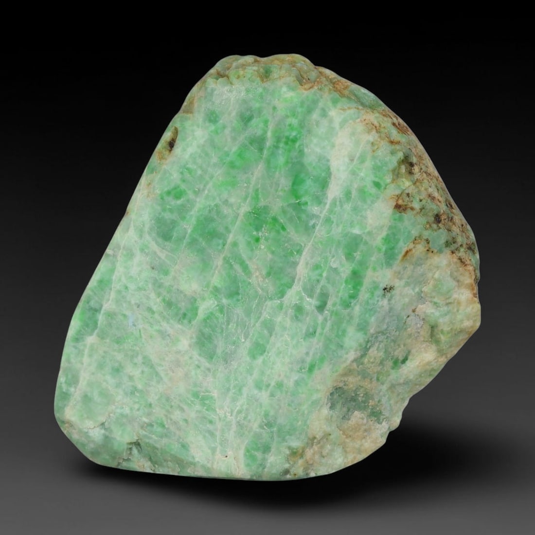 245ct Natural Type A Burmese Jadeite Jade Sliced Rough, 40BQ: This specimen is a sliced rough block of natural Type A Burmese jadeite jade. The interior displays natural colour zoning with visible mineral veining and crystalline patterns typical of unprocessed j