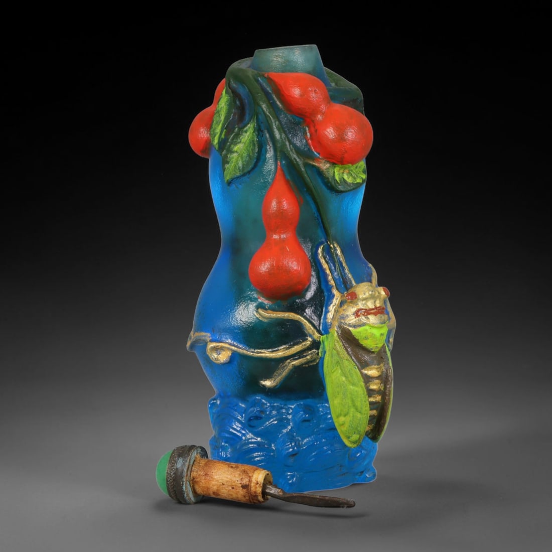 Vintage Chinese Liuli Glass Snuff Bottle - Cicada and Gourd Relief, 49AS: This snuff bottle is crafted from translucent blue frosted liuli glass, shaped in a natural gourd form. The surface features applied relief carving of red gourd vines alongside a gilded and painted ci
