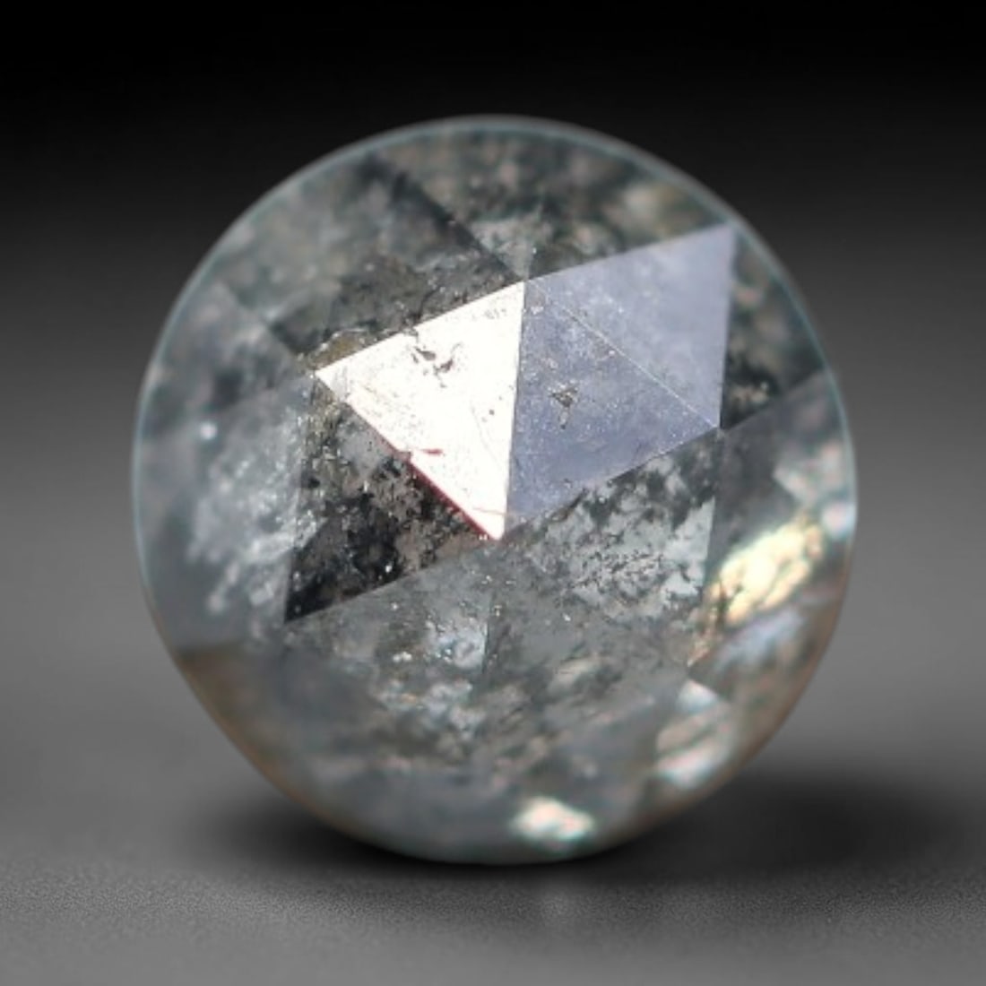 0.23ct Natural Untreated Salt And Pepper Round Rose Cut Diamond Loose Gemstone, 52BH: This polished natural salt and pepper diamond features a translucent pale base naturally scattered with distinctive dark mineral speckles and inclusions throughout its crystal interior, measured at ca