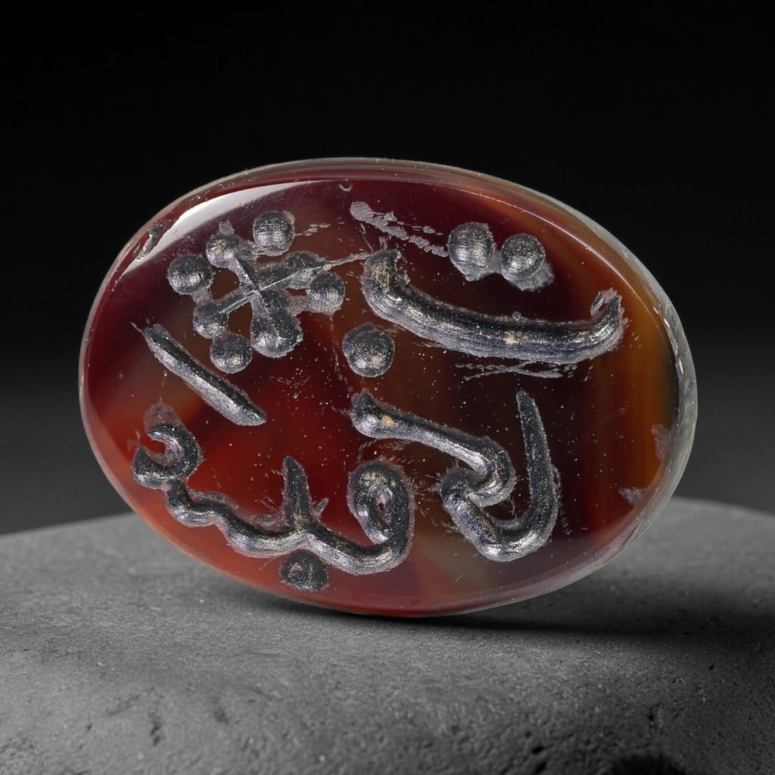 Vintage Mid-Century Carnelian Agate Islamic Calligraphic Intaglio Seal Cabochon Talisman, 40BW: This vintage mid-century natural carnelian agate intaglio seal cabochon draws inspiration from historic Islamic lapidary traditions, crafted as a wearable talisman and seal blank for jewelry setting. 