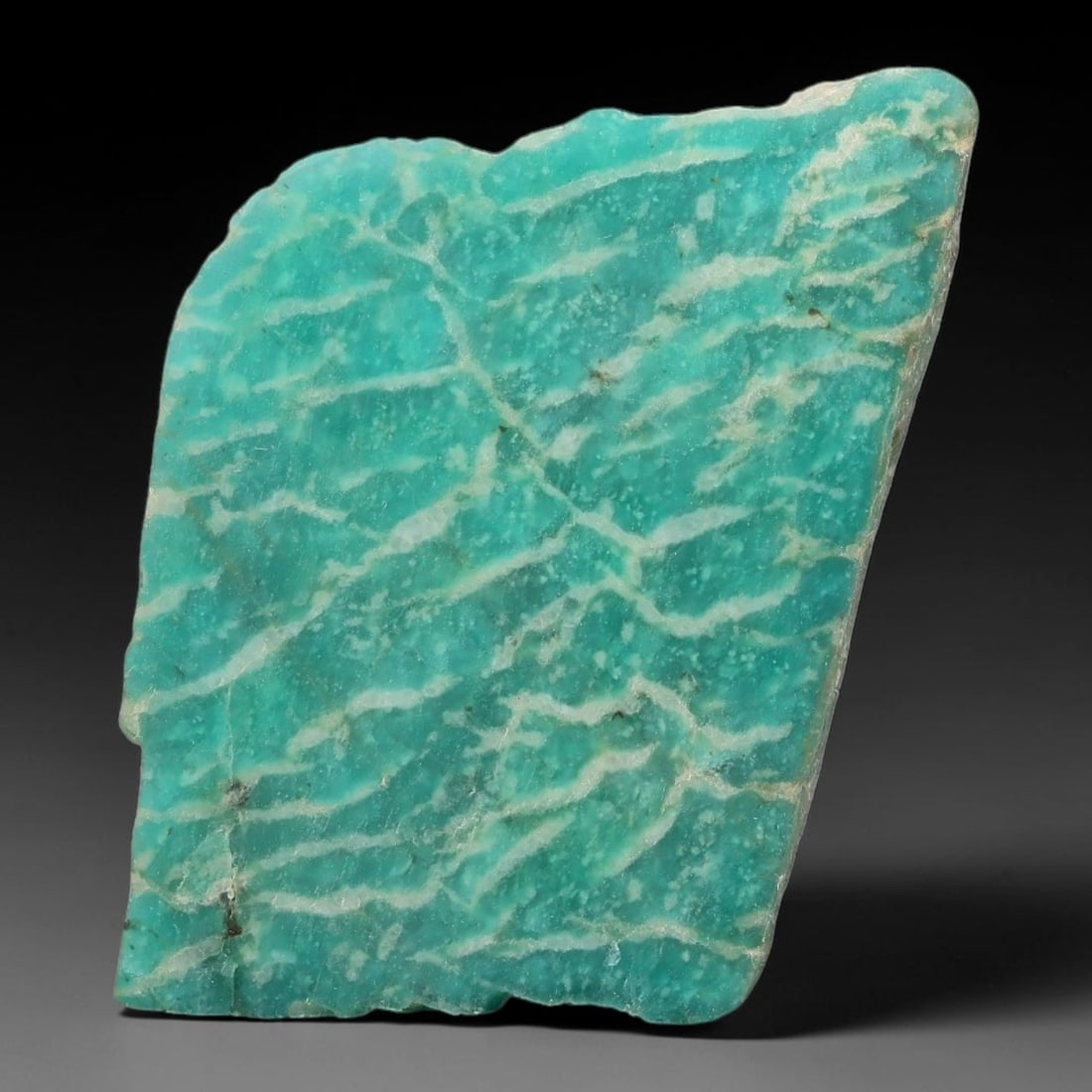 130ct Natural Russian Ural Amazonite Slab Rough, 69AR: This intact amazonite slab features distinct parallel mineral banding running uniformly across its naturally split flat surface within 40x30x16mm slab dimensions, retaining unmodified natural geologic