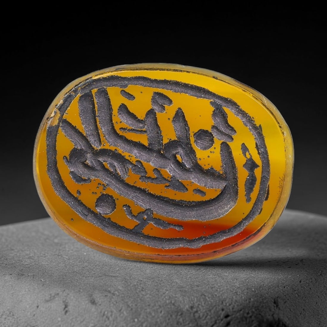 Vintage Mid-Century Carnelian Agate Islamic Calligraphic Intaglio Seal Cabochon Talisman, 42BW: This vintage mid-century natural carnelian agate intaglio seal cabochon draws inspiration from historic Islamic lapidary traditions, crafted as a wearable talisman and seal blank for jewelry setting. 