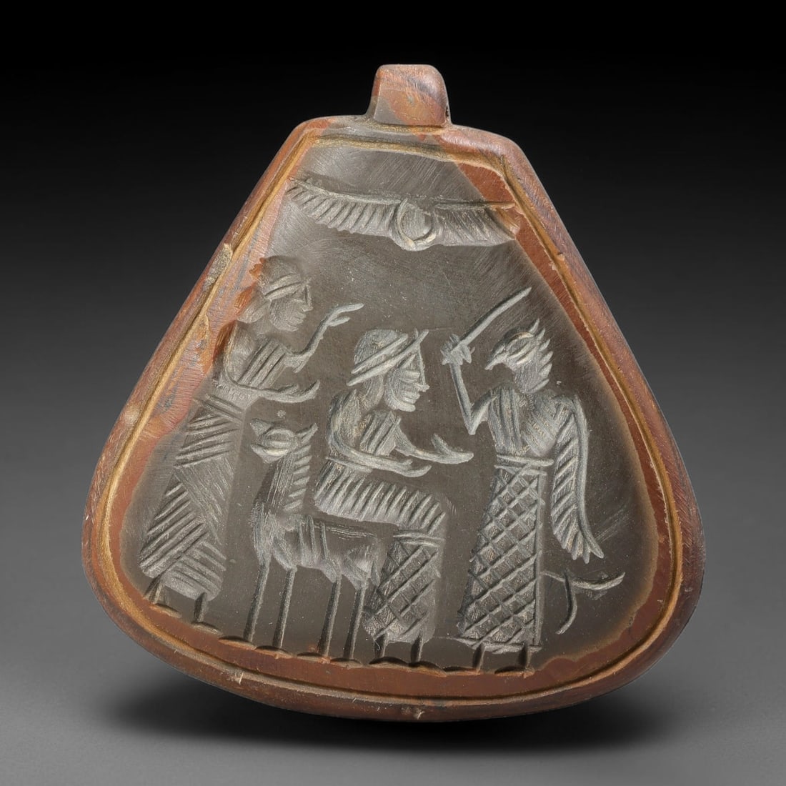 Vintage Natural Carnelian Agate Revival Indo-Persian Glyptic Figural Talisman Amulet Plaque, 21FK: This vintage talisman pendant plaque is skillfully carved from natural banded carnelian agate, crafted in a style referencing ancient Indo-Persian glyptic art traditions. The face bears detailed relie