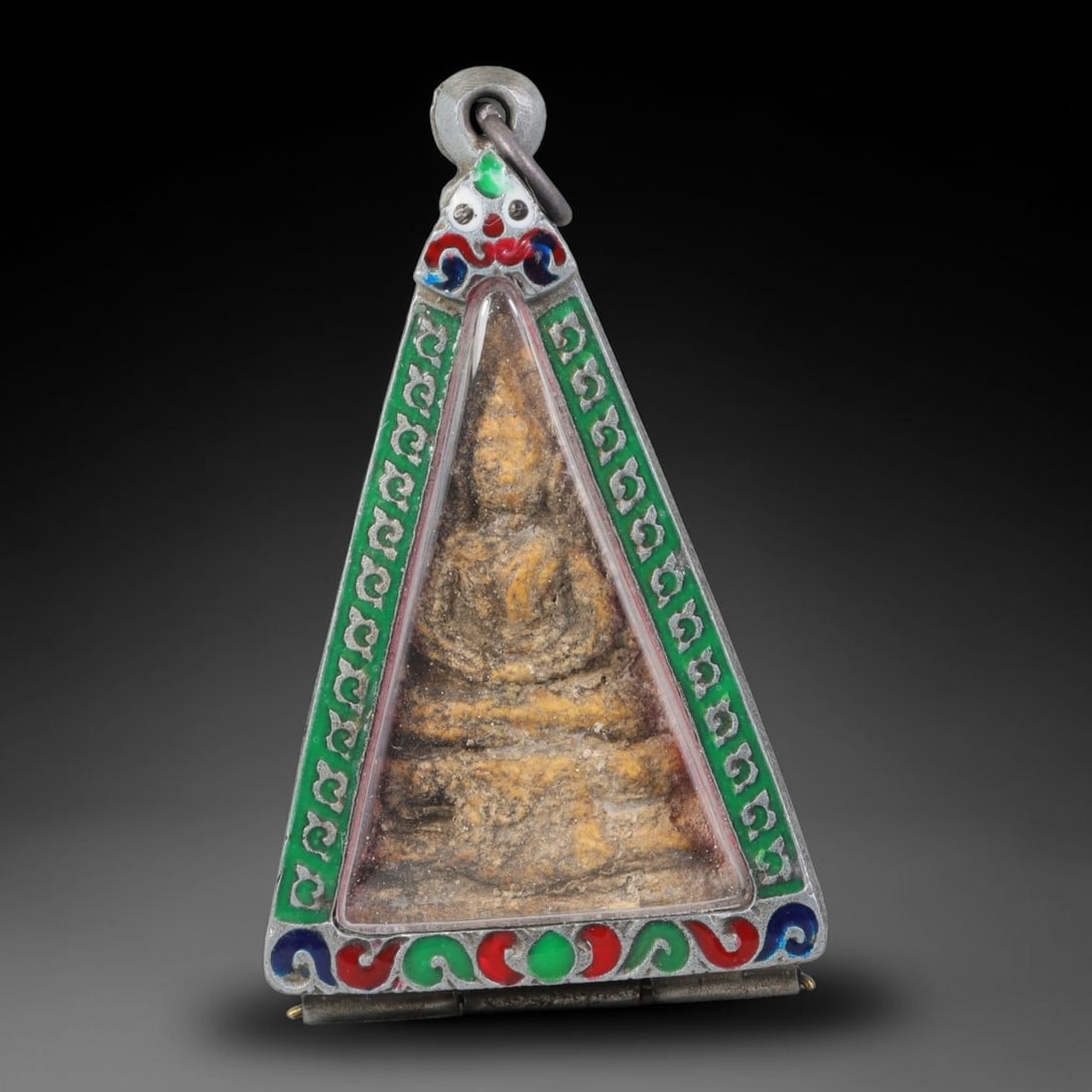 Vintage Thai Amulet Pendant - Triangular Buddha Talisman Green Enamel Silver Alloy Casing, 92AA (1 of 2)