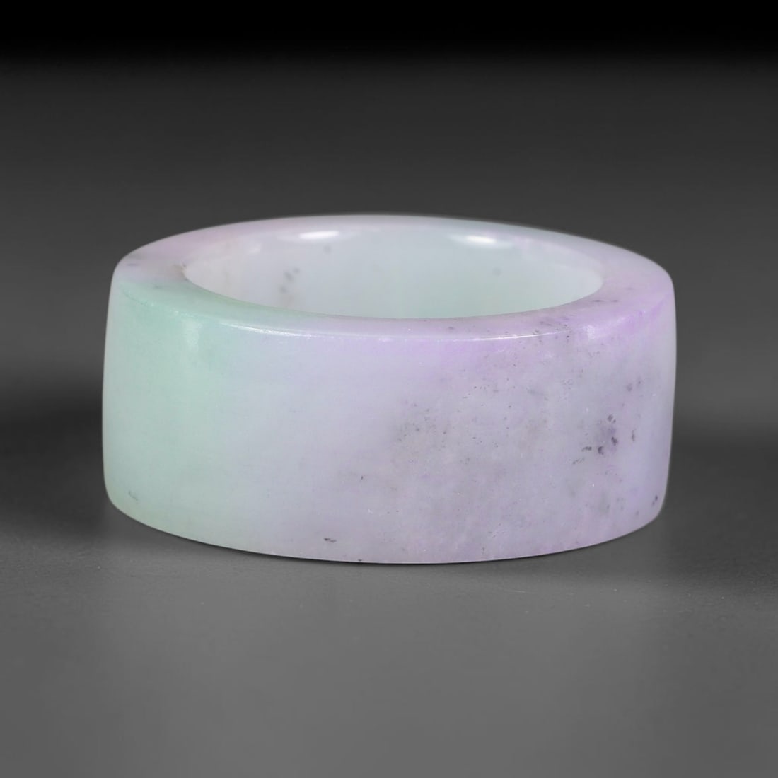 Natural Burmese Type A Jadeite Jade Lavender & Green Wide Band Ring, 74BG: Solid untreated Burmese Type A jadeite jade wide cylindrical band ring, US ring size 11.5 with a broad 19mm band width. The jadeite displays a soft gradient blend of delicate lavender lilac transition