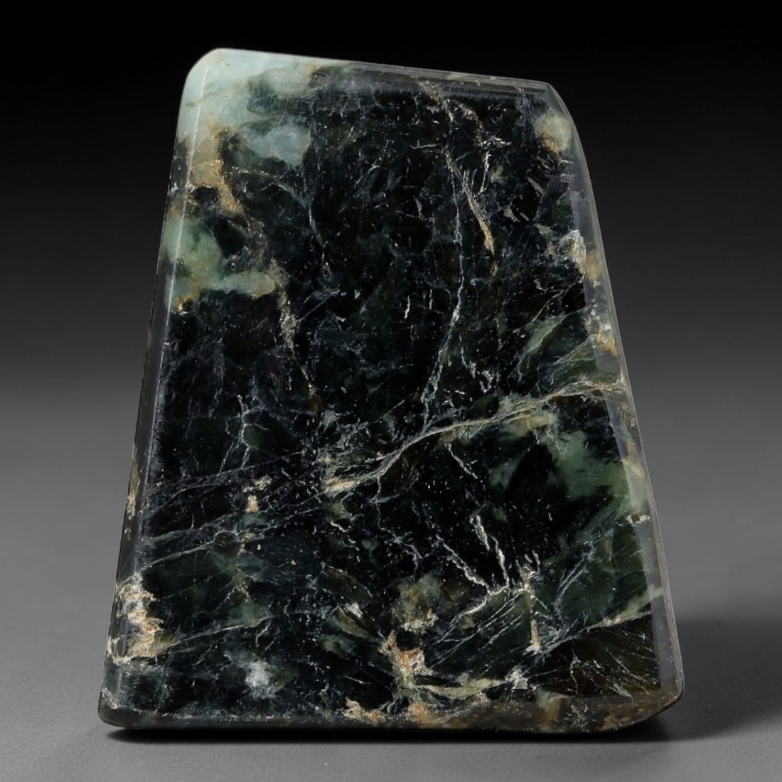 129ct Natural Type A Burmese Jadeite Jade Sliced Rough, 57FB: This specimen is a sliced rough block of natural Type A Burmese jadeite jade. The interior displays natural colour zoning with visible mineral veining and crystalline patterns typical of unprocessed j