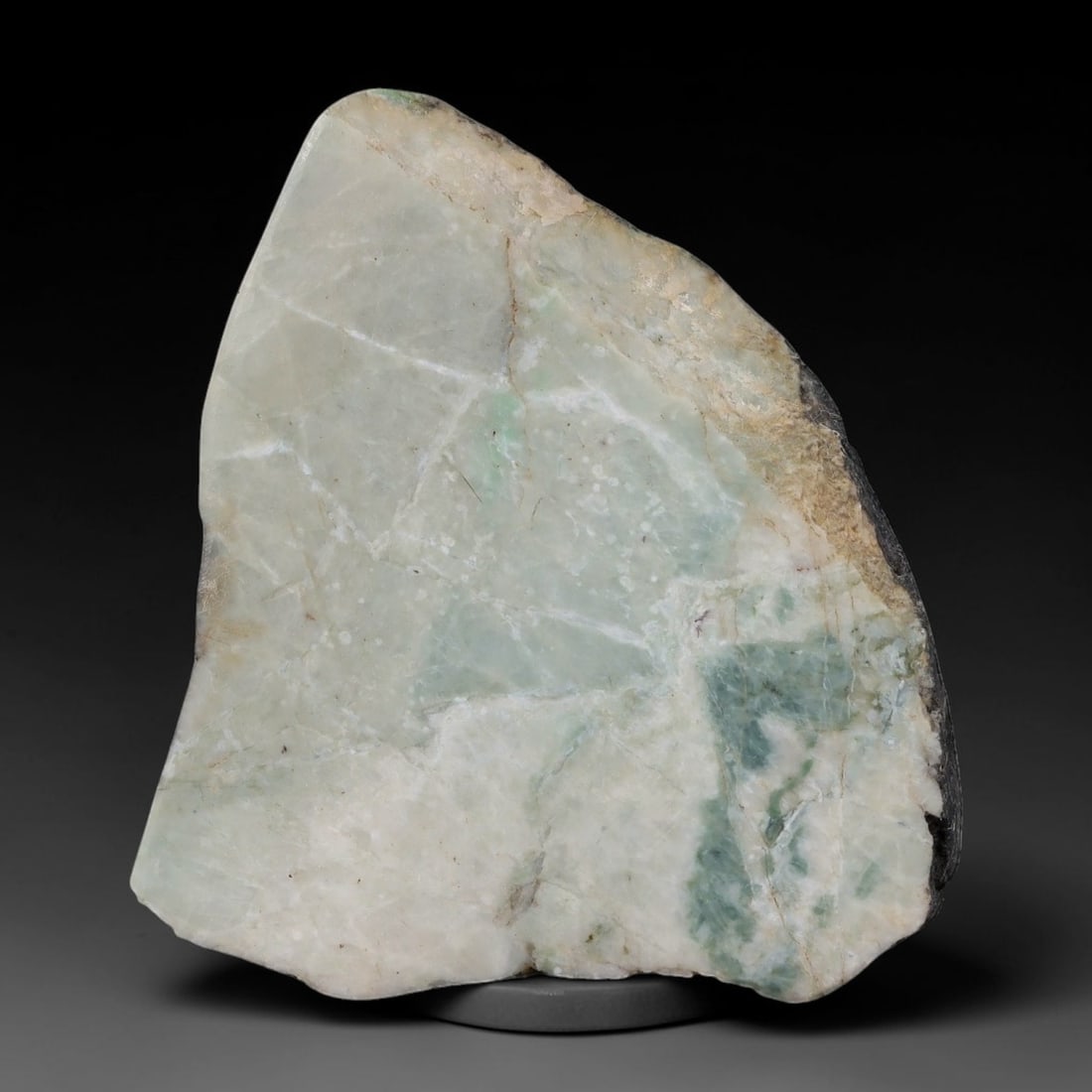 223ct Natural Type A Burmese Jadeite Jade Sliced Rough, 8AZ: This specimen is a sliced rough block of natural Type A Burmese jadeite jade. The interior displays natural colour zoning with visible mineral veining and crystalline patterns typical of unprocessed j