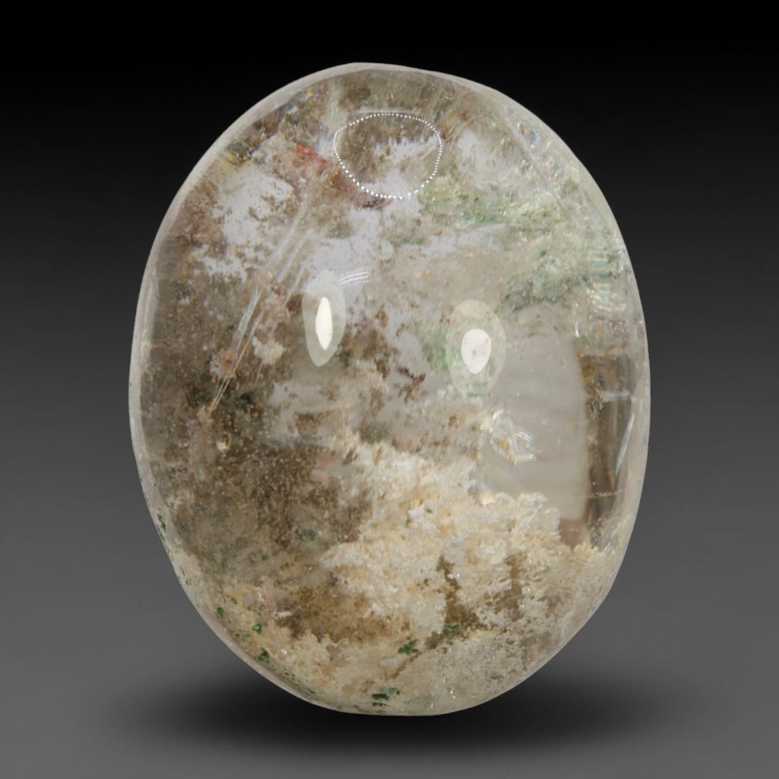 37ct Natural Brazilian Phantom Quartz Oval Cabochon Loose Gemstone, 95BM: This smoothly polished cabochon of natural phantom quartz preserves delicate layered phantom crystal formations enclosed inside transparent quartz host. The domed polished surface offers unobstructed 