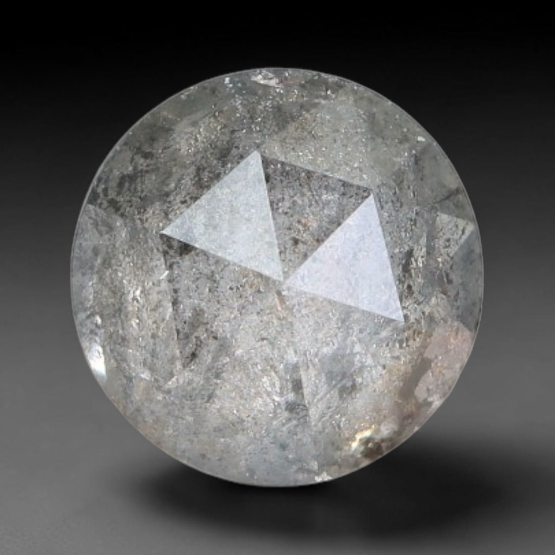 0.23ct Natural Untreated Salt And Pepper Round Rose Cut Diamond Loose Gemstone, 42BH: This polished natural salt and pepper diamond features a translucent pale base naturally scattered with distinctive dark mineral speckles and inclusions throughout its crystal interior, measured at ca