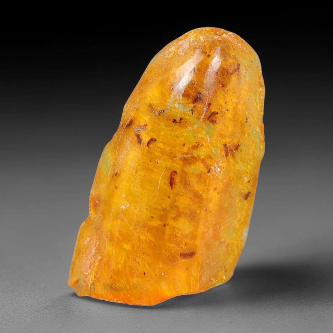 14.61ct Natural Baltic Polished Loose Freeform Amber Rough, 31EK: This smoothly polished freeform amber piece carries warm translucent organic clarity with fine natural fossil flecks and tiny mineral inclusions suspended throughout its 34x19x8mm flowing unstructured