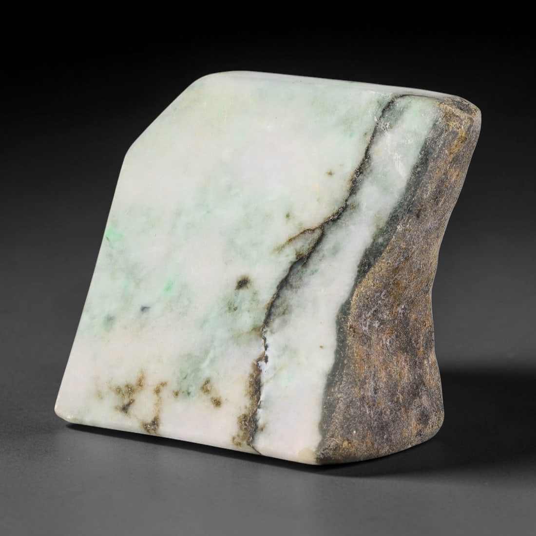 420g Natural Burmese Type A Jadeite Jade Polished Rough Block, 24EZ: This natural Burmese Type A jadeite jade rough block with partial polished surfaces revealing internal mineral characteristics. Dimensions measure 8x7.5cm, sourced from Myanmar, this specimen is ideal