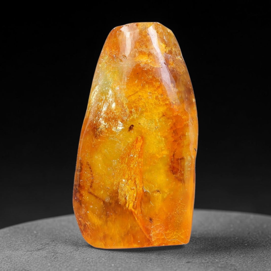 12.81ct Natural Baltic Polished Loose Freeform Amber Rough, 19EK: This smoothly polished freeform amber piece carries warm translucent organic clarity with fine natural fossil flecks and tiny mineral inclusions suspended throughout its 31x17x7mm flowing unstructured