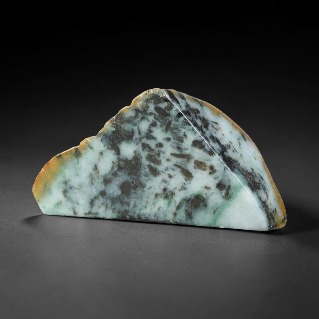 374g Natural Burmese Type A Jadeite Jade Polished Rough Block, 18EZ: This natural Burmese Type A jadeite jade rough block with partial polished surfaces revealing internal mineral characteristics. Dimensions measure 12x7cm, sourced from Myanmar, this specimen is ideal 