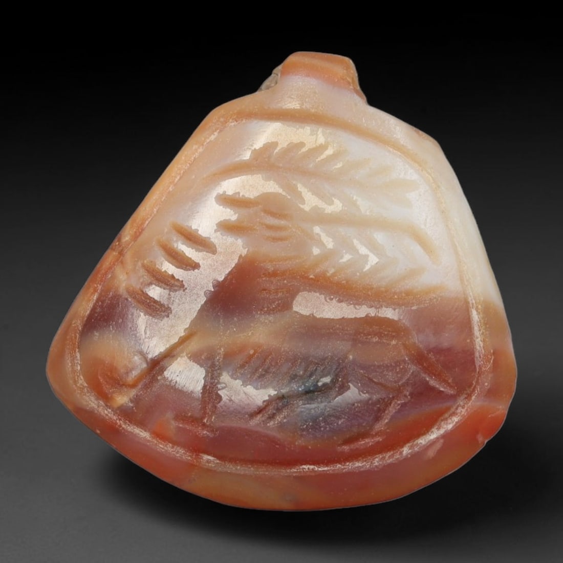 Vintage Natural Carnelian Agate Revival Indo-Persian Glyptic Figural Talisman Amulet Plaque, 34FL: This vintage talisman pendant plaque is skillfully carved from natural banded carnelian agate, crafted in a style referencing ancient Indo-Persian glyptic art traditions. The face bears detailed relie