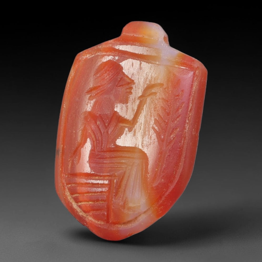 Vintage Natural Carnelian Agate Revival Indo-Persian Glyptic Figural Talisman Amulet Plaque, 51FL: This vintage talisman pendant plaque is skillfully carved from natural banded carnelian agate, crafted in a style referencing ancient Indo-Persian glyptic art traditions. The face bears detailed relie