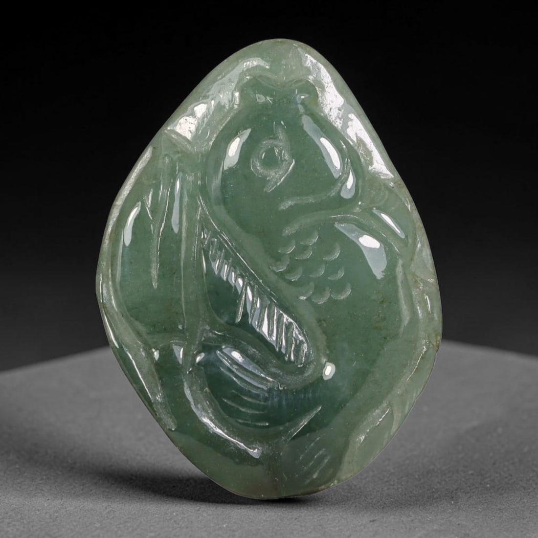 Natural Vintage Burmese Type A Jadeite Jade Relief Koi Fish Pendant, 56AA (1 of 2)