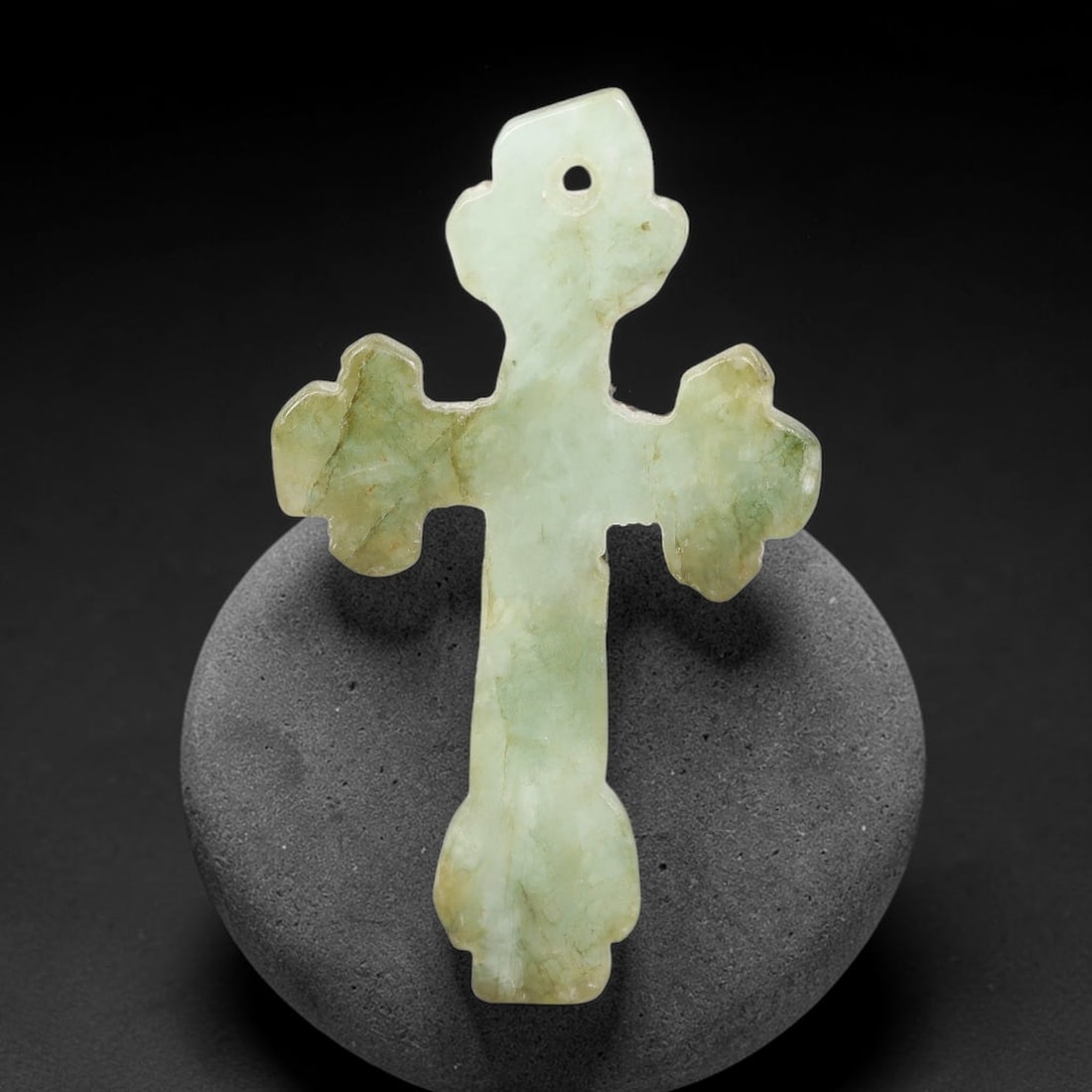 Natural Burmese Type A Jadeite Jade Christian Cross Pendant, 3BT: Hand crafted untreated Burmese Type A jadeite jade cross pendant measuring 35x21 mm, shaped into a classic Christian cross silhouette with tapered pointed terminals. The stone features a smooth polish