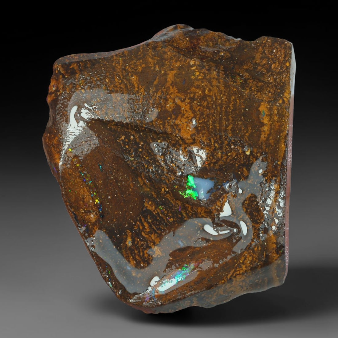 42ct Natural Australian Queensland Boulder Opal Sliced Slab Cutting Rough, 30AY: Natural sliced slab rough of Queensland boulder opal cutting grade, featuring rich color ironstone matrix with patterns. The face clearly reveals extensive opal veining and pocket formations running t