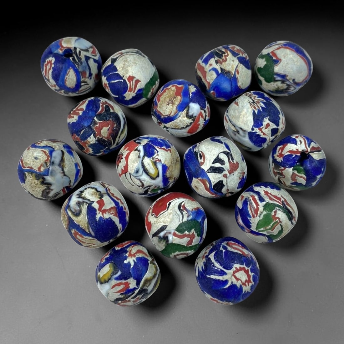 Lot of 16 Vintage Millefiori Round Glass Beads 1.5-2cm Blue Red White Swirl Lampwork Beads, 80AA,,: Vintage bulk set of 16 handcrafted round millefiori lampwork glass beads, each sized 1.5-2cm. Showcases bold marbled swirl patterns in deep blue, vivid red, white, green and earthy beige tones with te