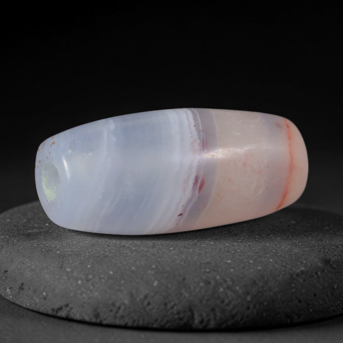 Ancient Medieval Sogdian Civilization Banded Agate Barrel Bead (500-800 CE), 58AD: This antique banded agate barrel bead originates from the Sogdian merchant civilizations of Central Asia, master lapidaries who produced agate talismans and trade beads for exchange across China, Pers