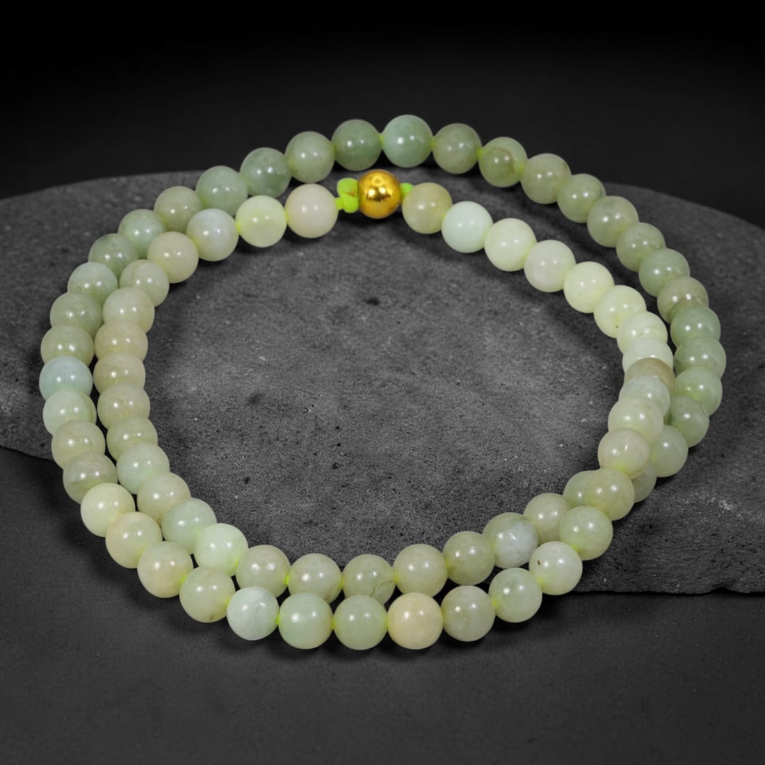 Natural Burmese Type A Jadeite Jade Round Bead Necklace with Gold Gilt Accent Bead, 5BL: Elegant hand-strung necklace made from polished natural untreated Burmese Type A jadeite jade spherical beads, each bead measuring 8 mm in diameter. The jadeite features a soft pale milky celadon hue 