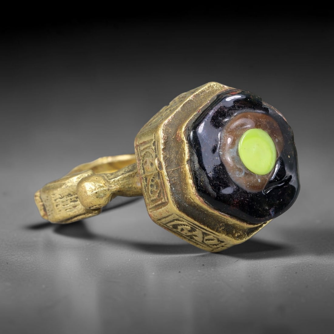 Antique Islamic Millefiori Evil Eye Glass Cabochon Set Vintage Signet Ring (1700-1900 CE), 45AN (1 of 1)