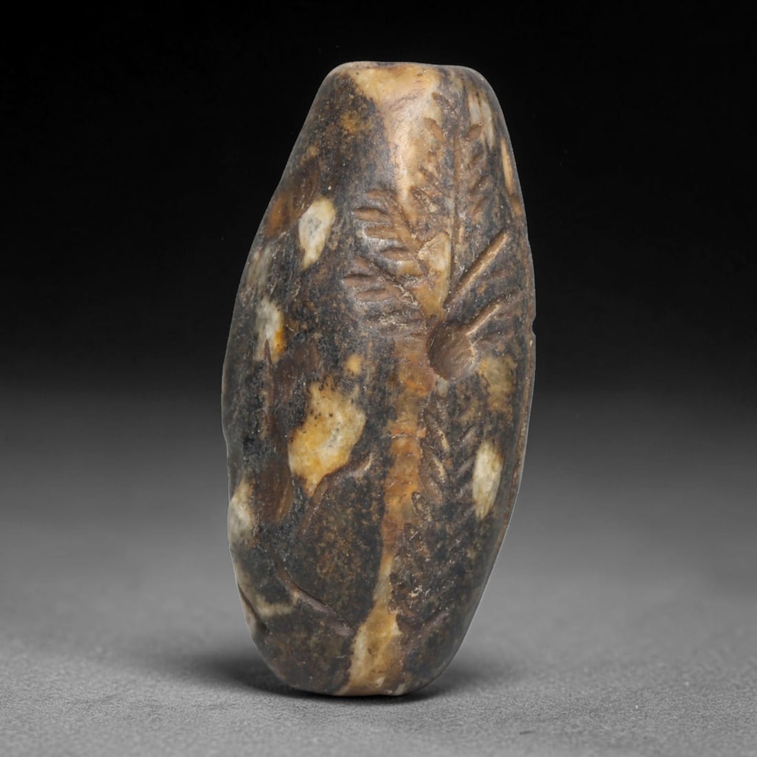 Ancient Sasanian Persian Empire Mottled Dark Stone Cylinder Seal (224-651 CE), 88EC: This mottled dark speckled stone cylinder seal originates from the Sasanian Persian Empire. The surface bears finely incised two-sided intaglio scenes, featuring a robed human figure and stylised bota