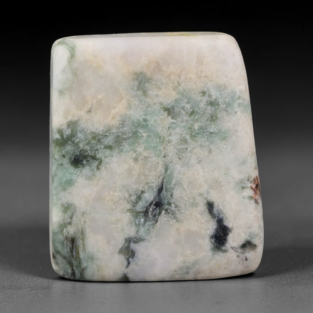 325ct Natural Type A Burmese Jadeite Jade Sliced Rough, 43BQ: This specimen is a sliced rough block of natural Type A Burmese jadeite jade. The interior displays natural colour zoning with visible mineral veining and crystalline patterns typical of unprocessed j