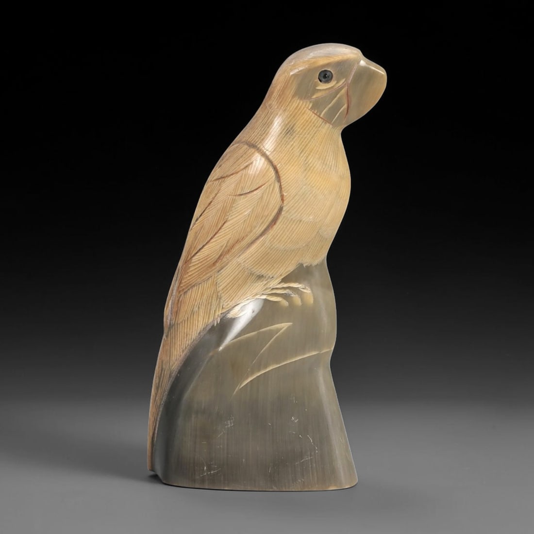 An East Asian Ox Horn Parrot Effigy, 11FJ: Carved from a single section of ox horn with visible natural striations and tonal variation from pale honey to translucent gray-brown, the effigy is modeled as a standing parrot rendered in the round.