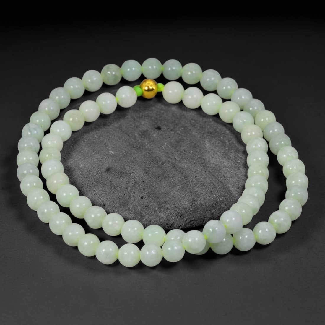Natural Burmese Type A Jadeite Jade Round Bead Necklace with Gold Gilt Accent Bead, 8BL: Elegant hand-strung necklace made from polished natural untreated Burmese Type A jadeite jade spherical beads, each bead measuring 8 mm in diameter. The jadeite features a soft pale milky celadon hue 