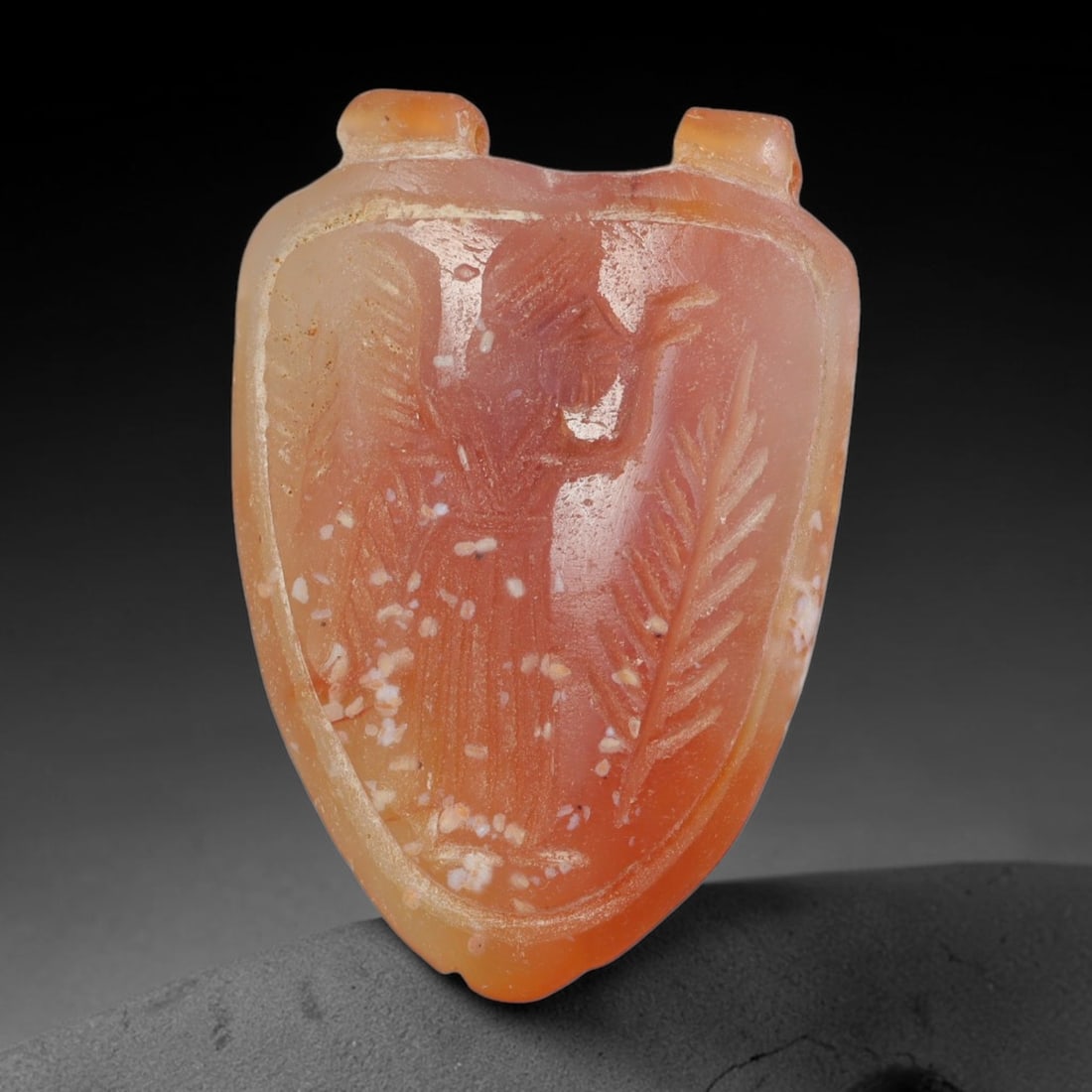 Vintage Natural Carnelian Agate Revival Indo-Persian Glyptic Figural Talisman Amulet Plaque, 58FL: This vintage talisman pendant plaque is skillfully carved from natural banded carnelian agate, crafted in a style referencing ancient Indo-Persian glyptic art traditions. The face bears detailed relie