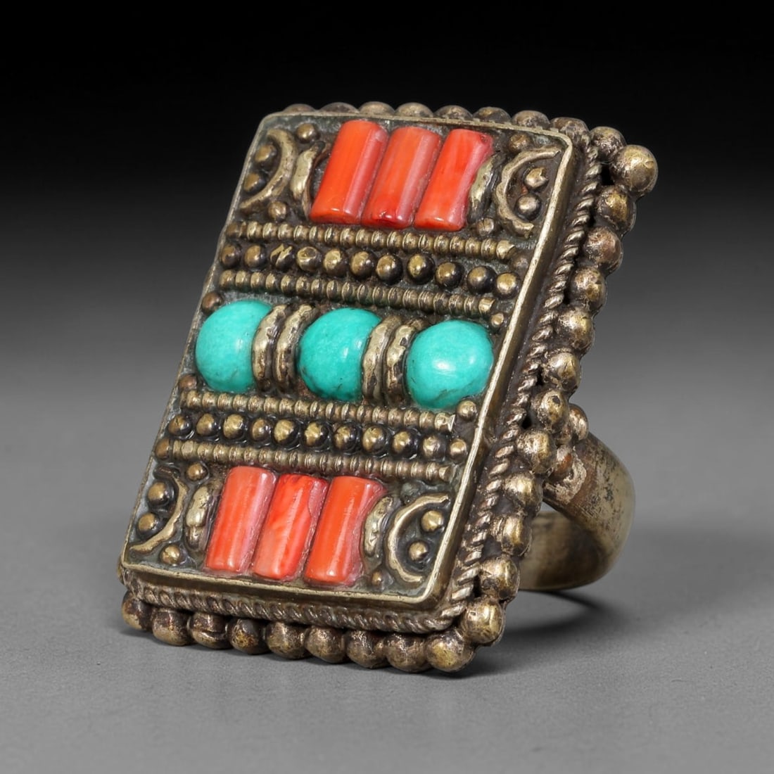 Vintage Tibetan Tribal Silver Plated Gemstone Inlay Ring, US Size 9.5, 95BY (1 of 2)
