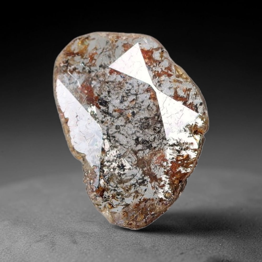 0.22ct Natural Fancy Diamond Slice, Hand Rose Cut with Pictorial Inclusions Loose Gemstone, 40BG: This unique natural diamond slice features a delicate hand-executed rose cut surface, showcasing captivating pictorial mineral inclusions trapped within the diamond matrix. Measuring 7.8x5.3x0.4mm, th