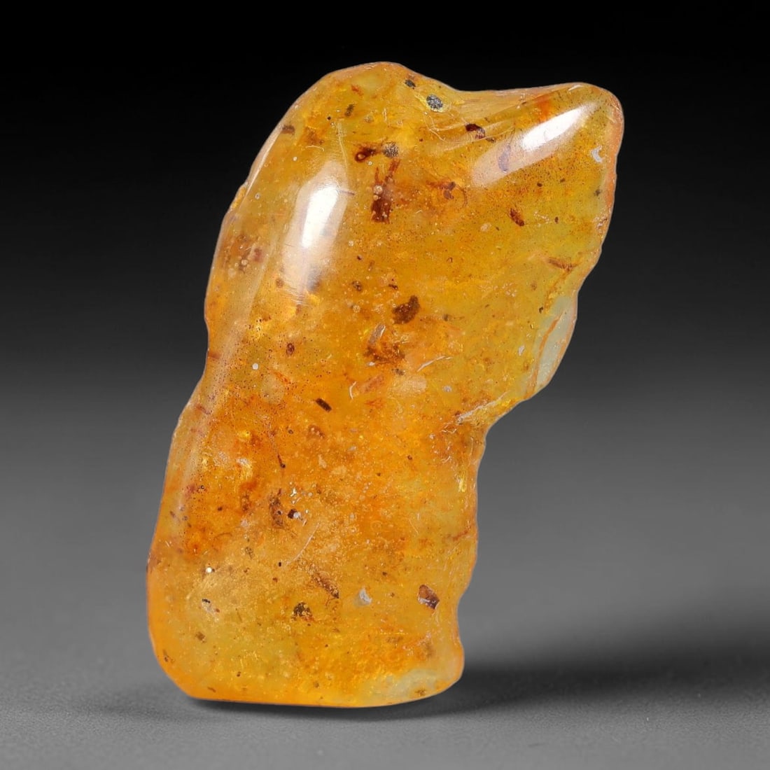11.75ct Natural Baltic Polished Loose Freeform Amber Gemstone, 66FL: This smoothly polished freeform amber piece carries warm translucent organic clarity with fine natural fossil flecks and tiny mineral inclusions suspended throughout its 33x18x6mm flowing unstructured