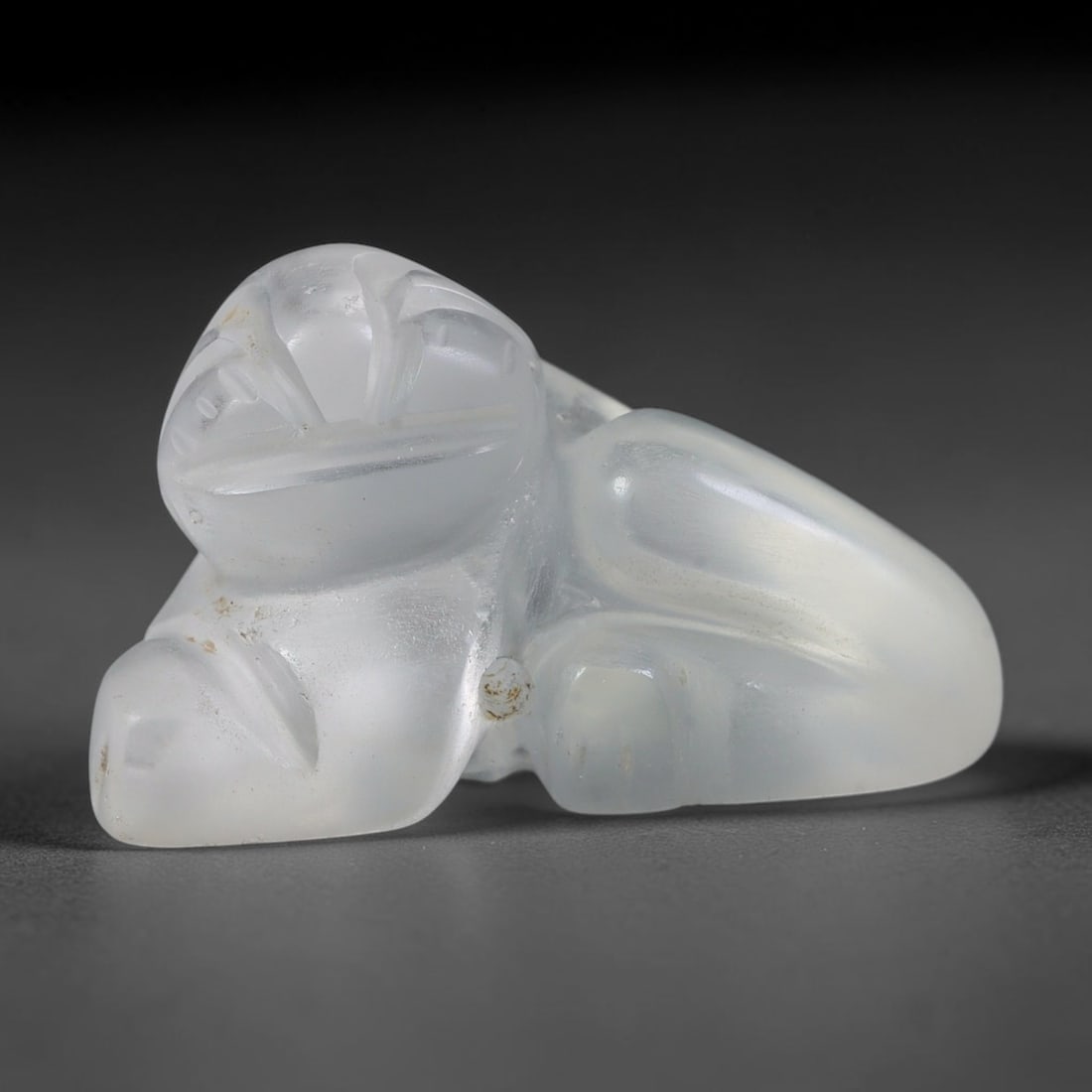 Vintage Frosted Glass Zoomorphic Talisman Amulet Pendant, 48FL: This vintage talismanic amulet is crafted from translucent frosted glass, shaped as a stylized zoomorphic reclining form. A drilled suspension hole allows threading for wear. Designed following ancien