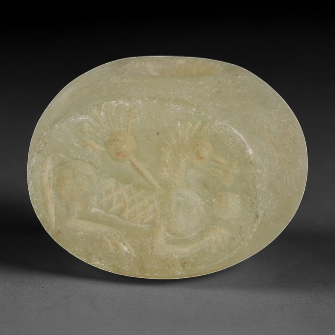 Ancient Sasanian Chalcedony Hemispherical Stamp Seal, 27AP: Authentic antique hemispherical stamp seal carved from natural unmodified chalcedony, dimensions 2.2cm x 2cm. This classic Sasanian-era domed stamp seal features the characteristic compact oval hemisp