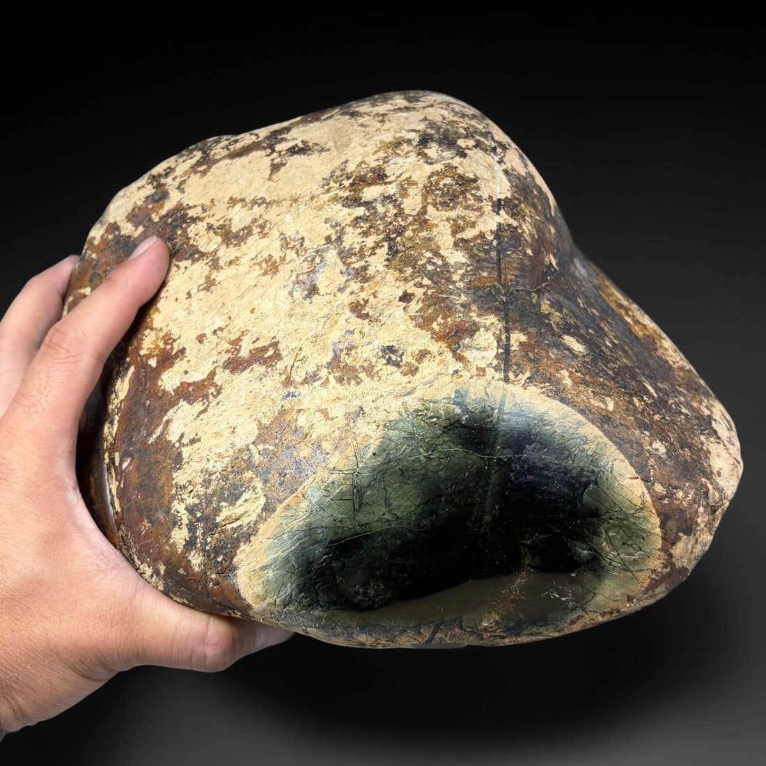 20.7lbs Natural Burmese Type A Jadeite Jade Gambling Rough Stone, 3B: Large natural Burmese Type A jadeite jade gambling rough stone weighing 20.7 lbs, with outer dimensions measuring 11 x 7 x 6.8 inches. The boulder retains its original weathered natural outer skin, fe