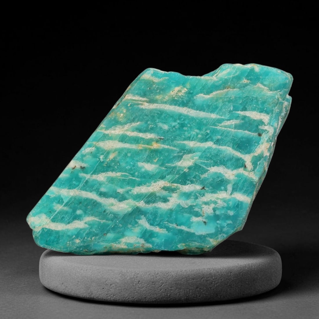 65ct Natural Russian Ural Amazonite Slab Rough, 85EB: This intact amazonite slab features distinct parallel mineral banding running uniformly across its naturally split flat surface within 44x27x6mm slab dimensions, retaining unmodified natural geologica