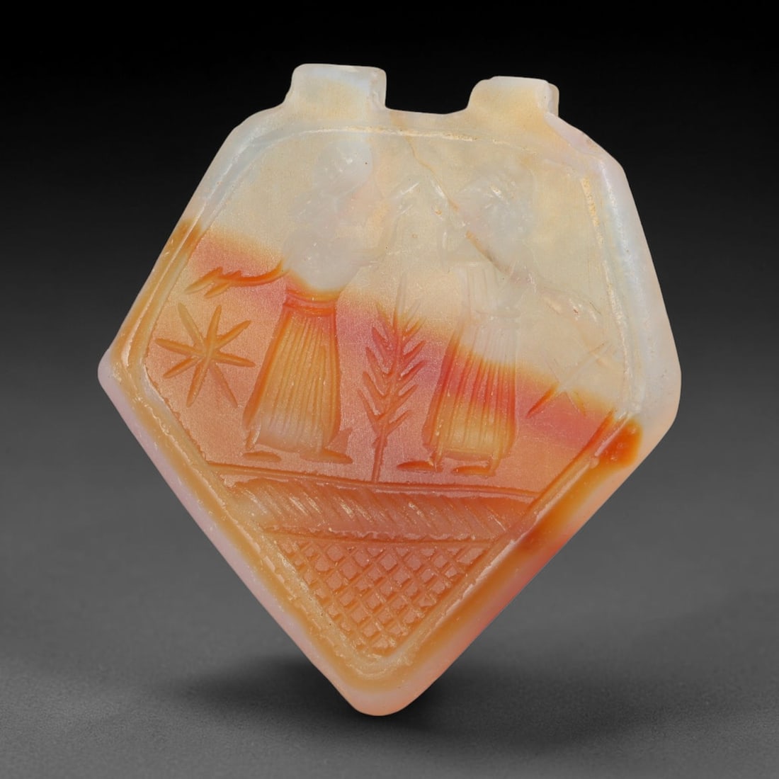 Vintage Natural Carnelian Agate Revival Indo-Persian Glyptic Figural Talisman Amulet Plaque, 54FK: This vintage talisman pendant plaque is skillfully carved from natural banded carnelian agate, crafted in a style referencing ancient Indo-Persian glyptic art traditions. The face bears detailed relie