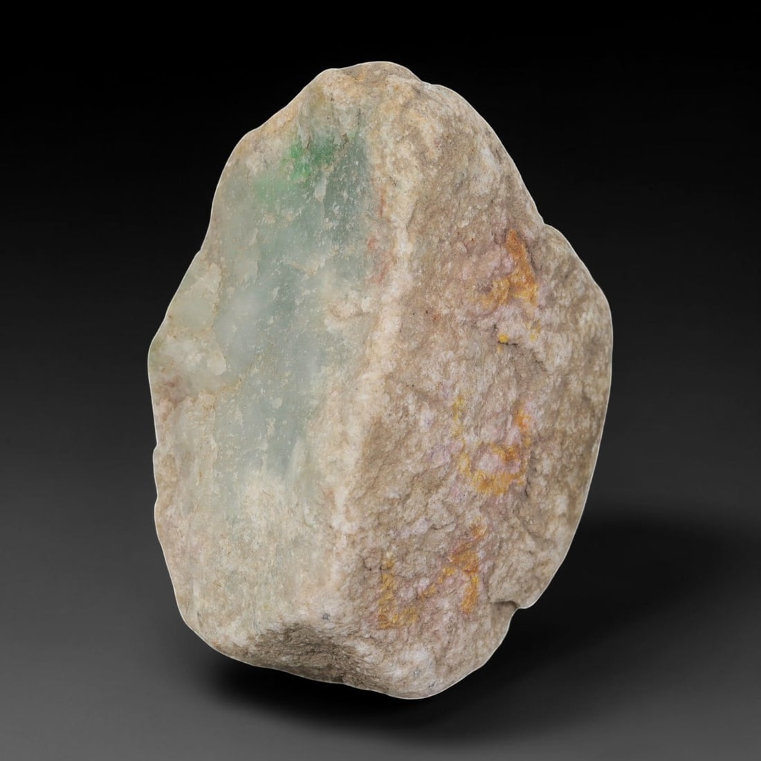 290ct Natural Burmese Light Green Ice Jadeite Jade Rough Stone, 79EA: This is a natural Type A Burmese jadeite jade rough stone, measuring 5x3.5cm and weighing 58g (290ct). It features a semi-polished surface revealing a translucent light green ice jadeite section with 