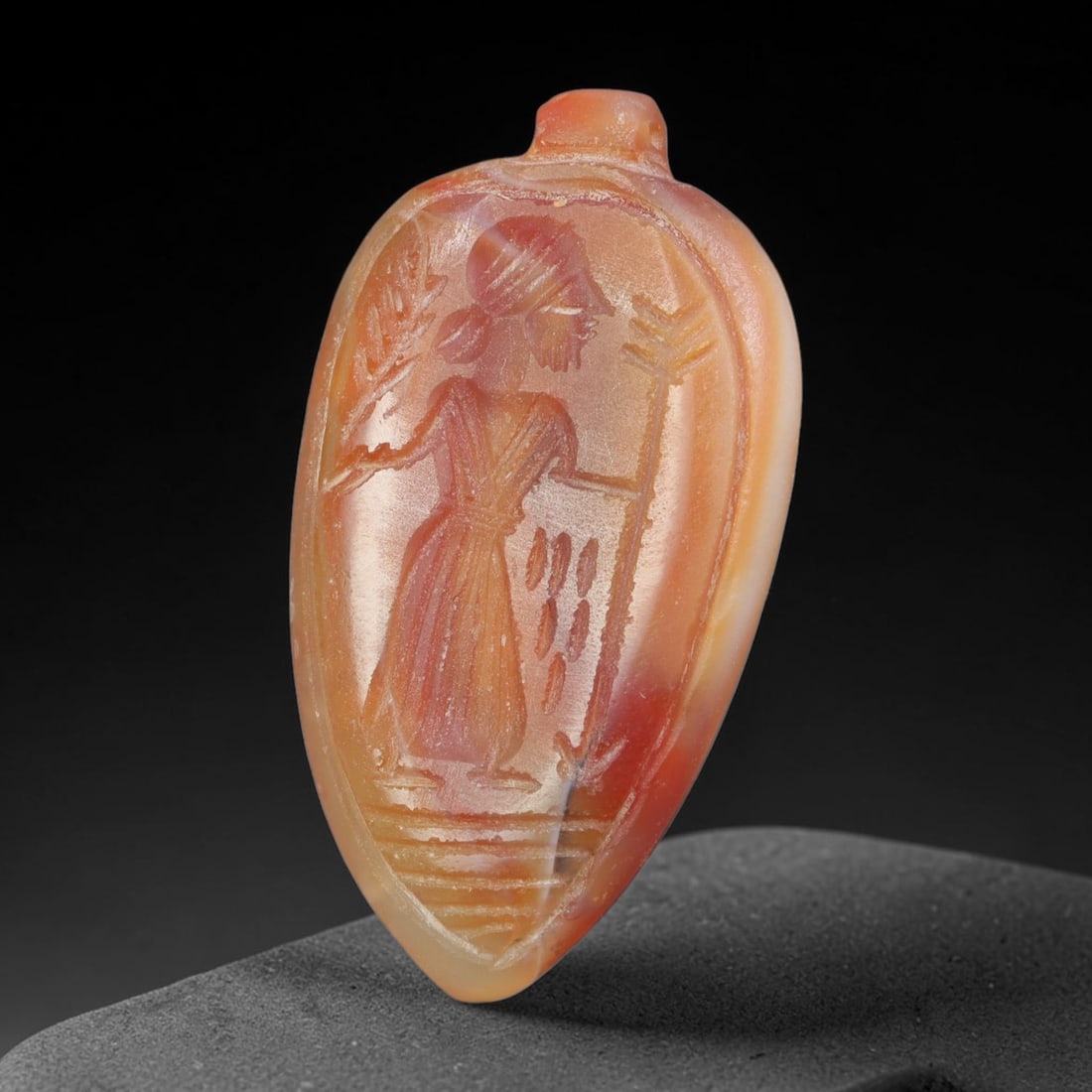 Vintage Natural Carnelian Agate Revival Indo-Persian Glyptic Figural Talisman Amulet Plaque, 88FK: This vintage talisman pendant plaque is skillfully carved from natural banded carnelian agate, crafted in a style referencing ancient Indo-Persian glyptic art traditions. The face bears detailed relie