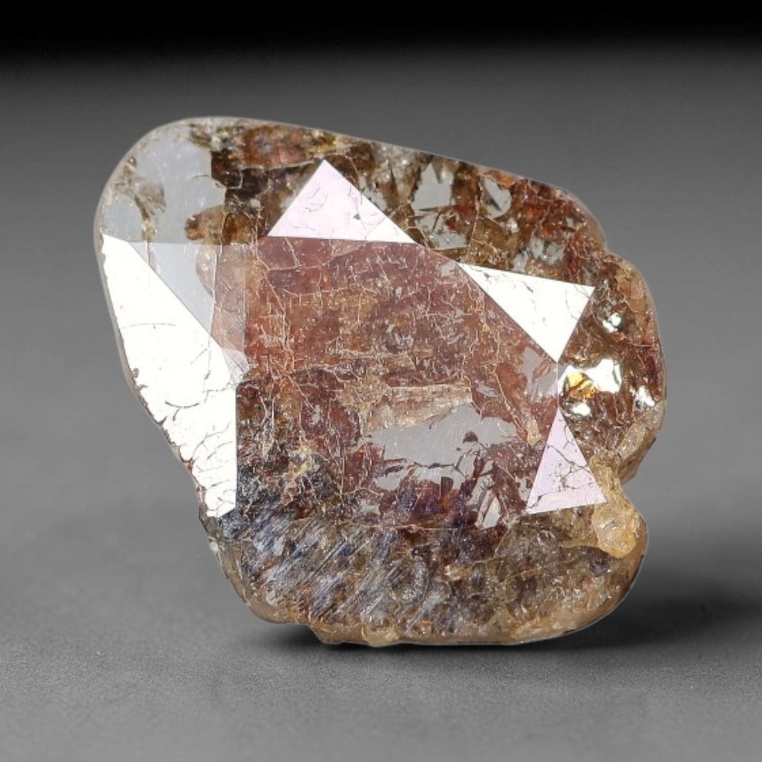 0.43ct Natural Fancy Diamond Slice, Hand Rose Cut with Pictorial Inclusions Loose Gemstone, 58BG: This unique natural diamond slice features a delicate hand-executed rose cut surface, showcasing captivating pictorial mineral inclusions trapped within the diamond matrix. Measuring 8x6.2x0.8mm, the 