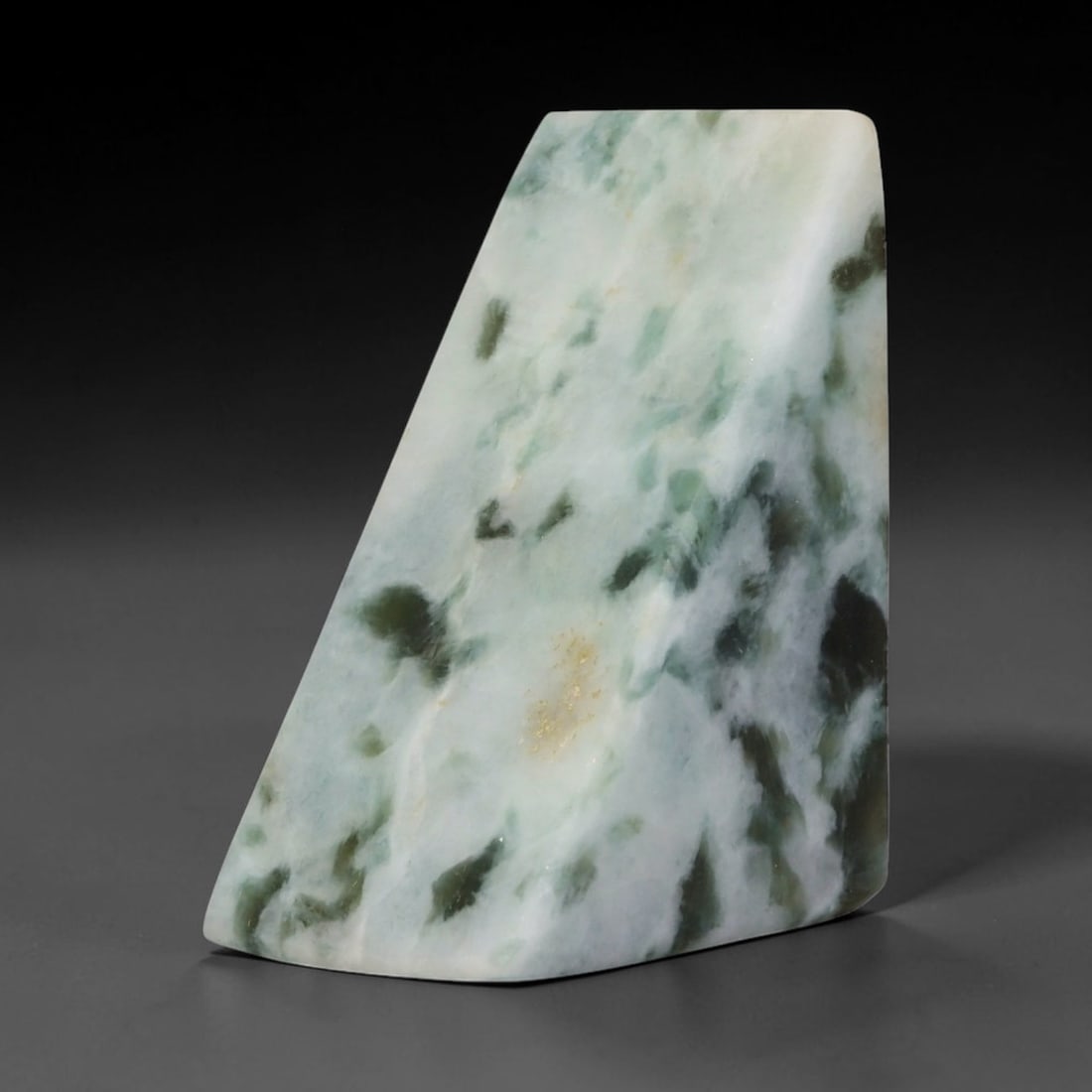 229ct Natural Type A Burmese Jadeite Jade Sliced Rough, 46FD: This specimen is a sliced rough block of natural Type A Burmese jadeite jade. The interior displays natural colour zoning with visible mineral veining and crystalline patterns typical of unprocessed j