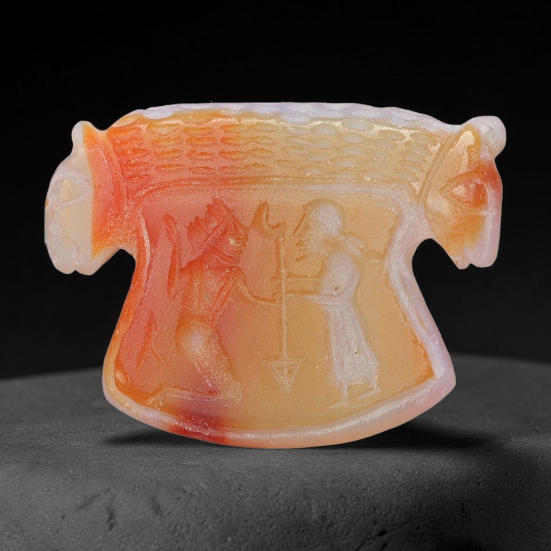 Vintage Natural Carnelian Agate Revival Indo-Persian Glyptic Figural Talisman Amulet Plaque, 92FK: This vintage talisman pendant plaque is skillfully carved from natural banded carnelian agate, crafted in a style referencing ancient Indo-Persian glyptic art traditions. The face bears detailed relie