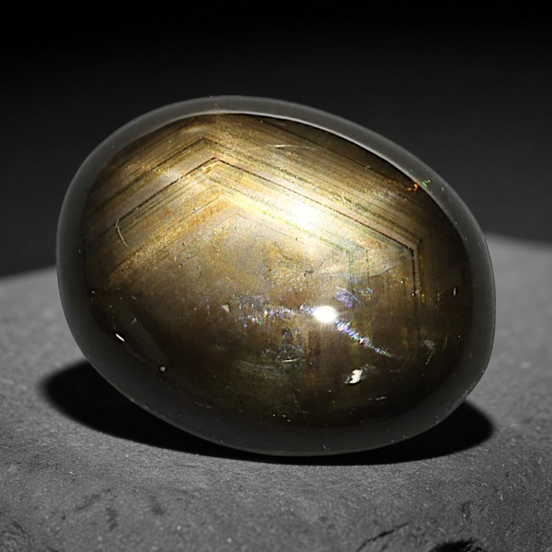 2.86ct Natural Siamese 6-Ray Black Star Sapphire Loose Gemstone, 34BD: This polished star sapphire originates from classic Siamese mining deposits, featuring a deep dark crystalline base with fine native mineral traces trapped within its structure, sized at calibrated 9.