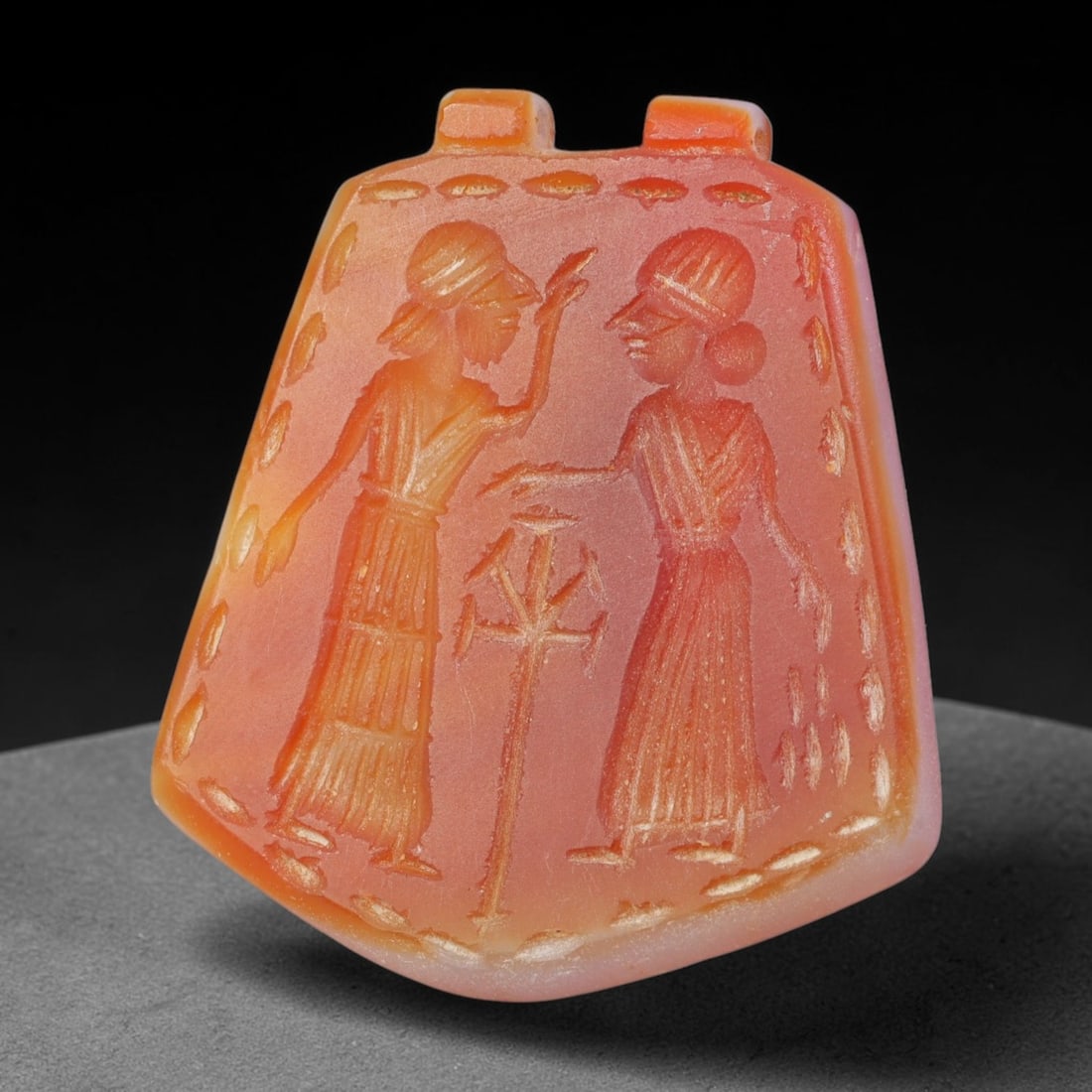 Vintage Natural Carnelian Agate Revival Indo-Persian Glyptic Figural Talisman Amulet Plaque, 61FL: This vintage talisman pendant plaque is skillfully carved from natural banded carnelian agate, crafted in a style referencing ancient Indo-Persian glyptic art traditions. The face bears detailed relie