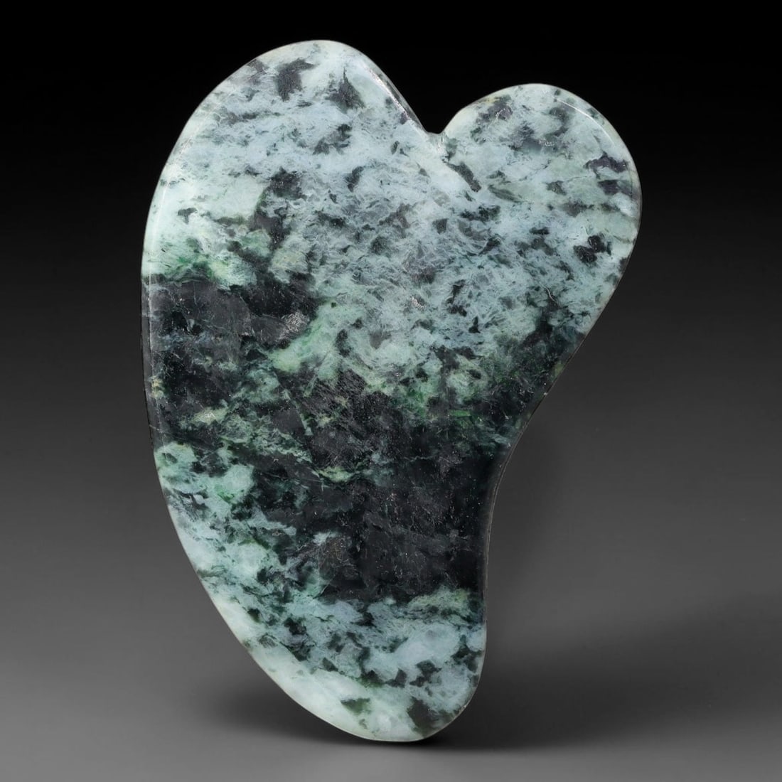 Natural Burmese Type A Jadeite Jade Facial Massage Gua Sha Tool, 36BK: Polished natural untreated Burmese Type A jadeite jade massage tool, measuring 91x 61x5 mm. Crafted into the classic heart-shaped contour tool widely used for traditional facial and body stone massage